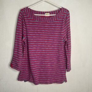 Talbots Textured 100% Cotton Striped 3/4 Sleeve T-Shirt Women Size L Pink/Blue